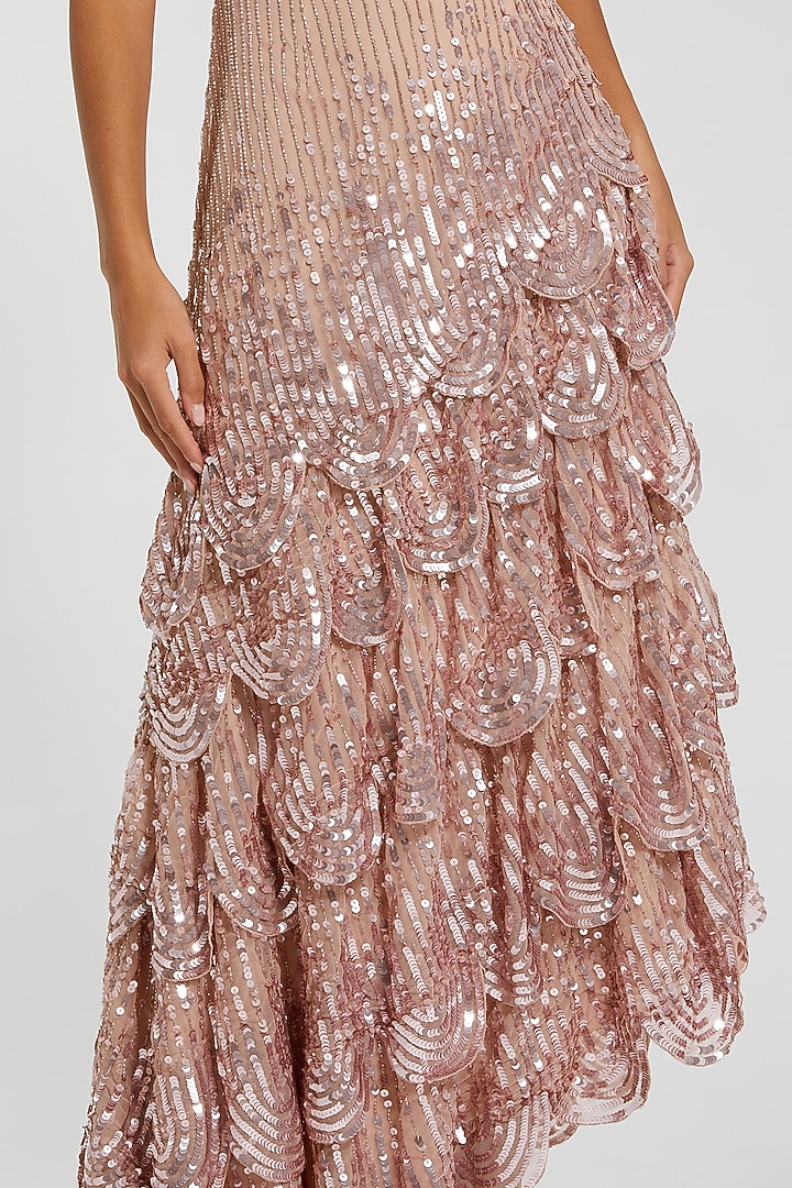 Antique Rose Pink Mesh Fabric Embellished Midi Party Wear Dress by Mac Duggal at Pernia's Pop Up Shop