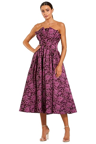 Purple Brocade Strapless Midi Dress by Mac Duggal