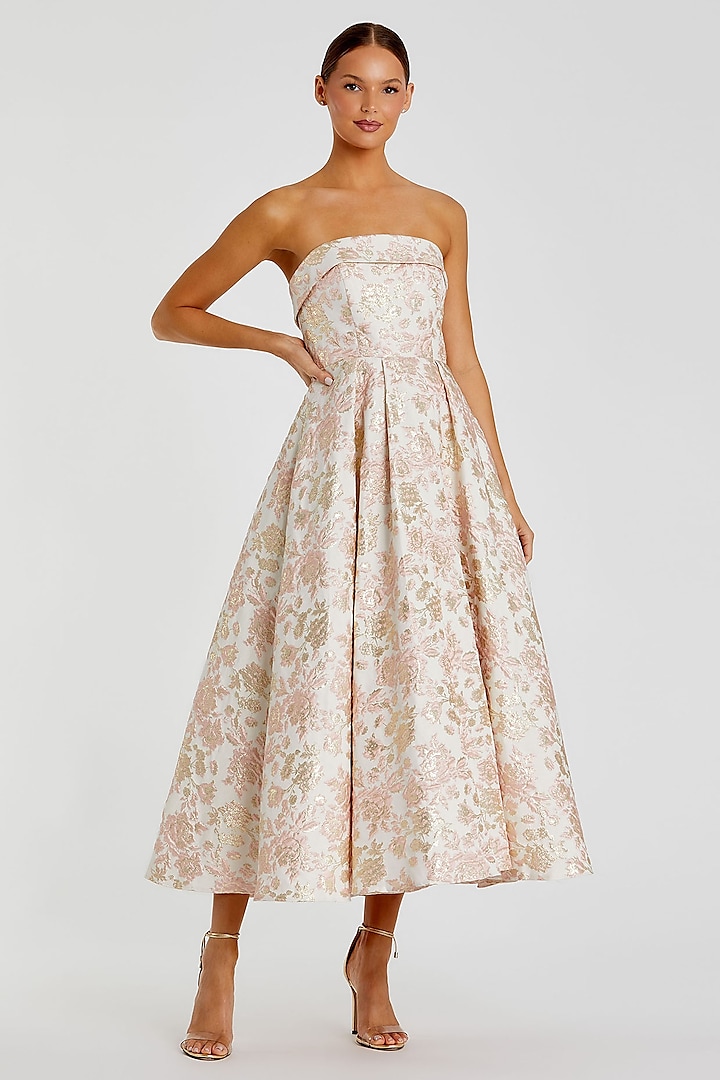 Blush Pink & White Brocade Floral Printed Strapless Party Wear Dress by Mac Duggal at Pernia's Pop Up Shop