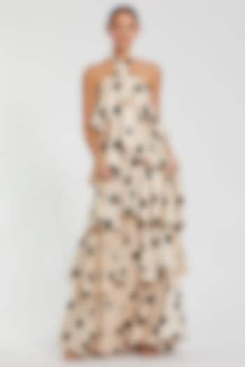 Cream & Black Charmeuse Polka Dot Printed Tiered Engagement Gown by Mac Duggal at Pernia's Pop Up Shop