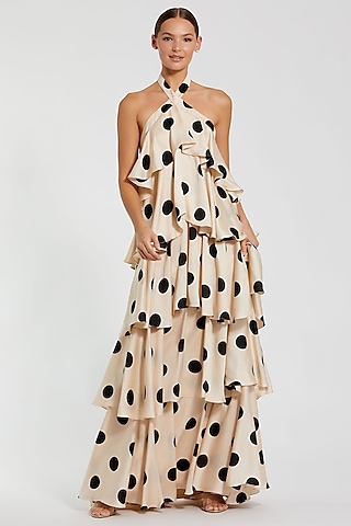 Cream & Black Charmeuse Polka Dot Printed Tiered Gown by Mac Duggal