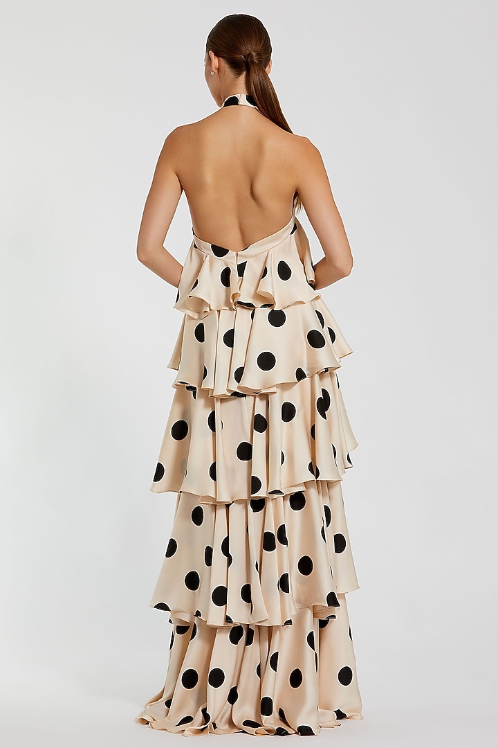 Cream & Black Charmeuse Polka Dot Printed Tiered Engagement Gown by Mac Duggal at Pernia's Pop Up Shop
