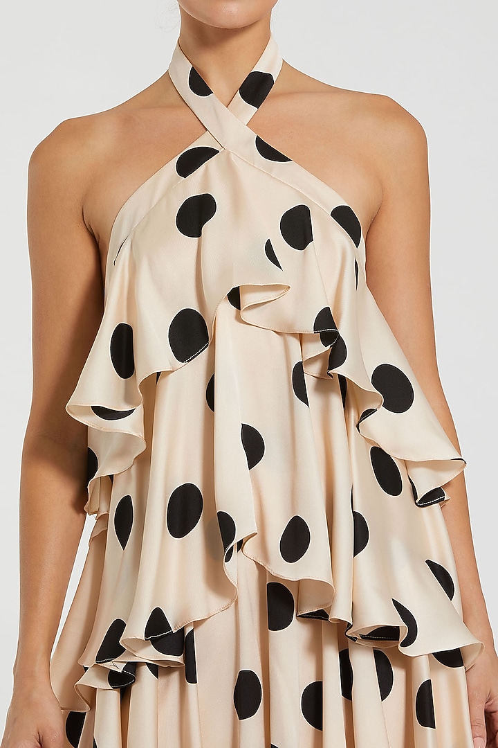 Cream & Black Charmeuse Polka Dot Printed Tiered Engagement Gown by Mac Duggal at Pernia's Pop Up Shop
