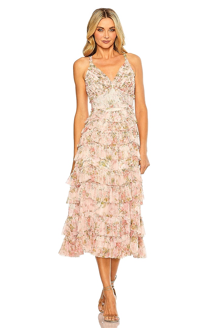 Blush Pink Mesh Fabric Ruffled Floral Midi Cocktail Dress by Mac Duggal at Pernia's Pop Up Shop