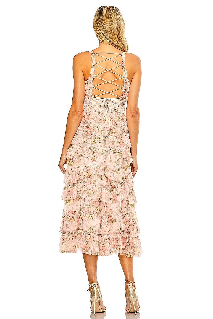 Blush Pink Mesh Fabric Ruffled Floral Midi Cocktail Dress by Mac Duggal at Pernia's Pop Up Shop