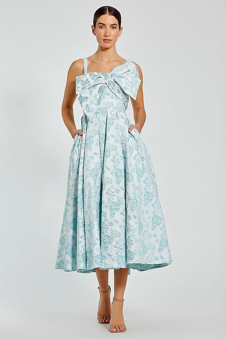 Seafoam Colored Brocade Floral Midi Cocktail Dress by Mac Duggal at Pernia's Pop Up Shop