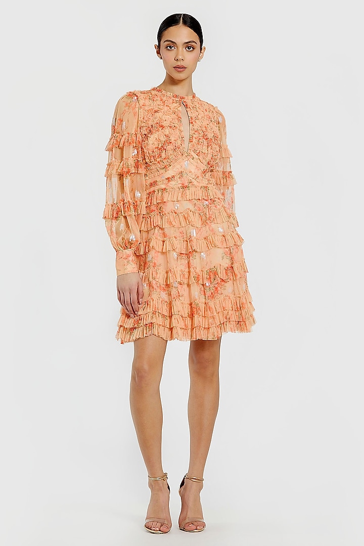 Peach Mesh Fabric Mini Cocktail Dress by Mac Duggal at Pernia's Pop Up Shop