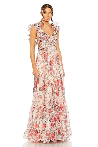 Rose Pink Chiffon Floral Printed Gown by Mac Duggal
