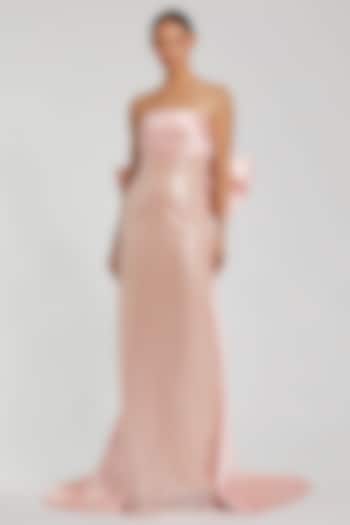 Blush Pink Satin & Mesh Sequins Embellished Strapless Wedding Gown by Mac Duggal at Pernia's Pop Up Shop