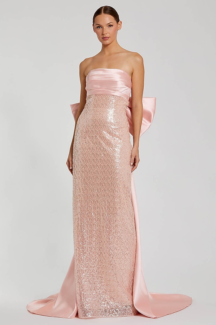 Blush Pink Satin & Mesh Sequins Embellished Strapless Wedding Gown by Mac Duggal at Pernia's Pop Up Shop