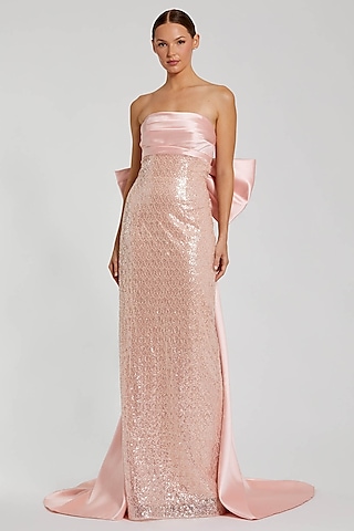 Blush Pink Satin & Mesh Sequins Embellished Strapless Gown by Mac Duggal