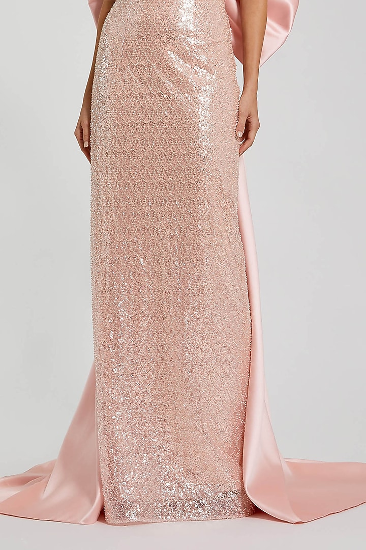 Blush Pink Satin & Mesh Sequins Embellished Strapless Wedding Gown by Mac Duggal at Pernia's Pop Up Shop