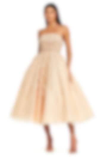 Champagne Lace Fabric Embellished A-Line Midi Strapless Party Wear Dress by Mac Duggal at Pernia's Pop Up Shop