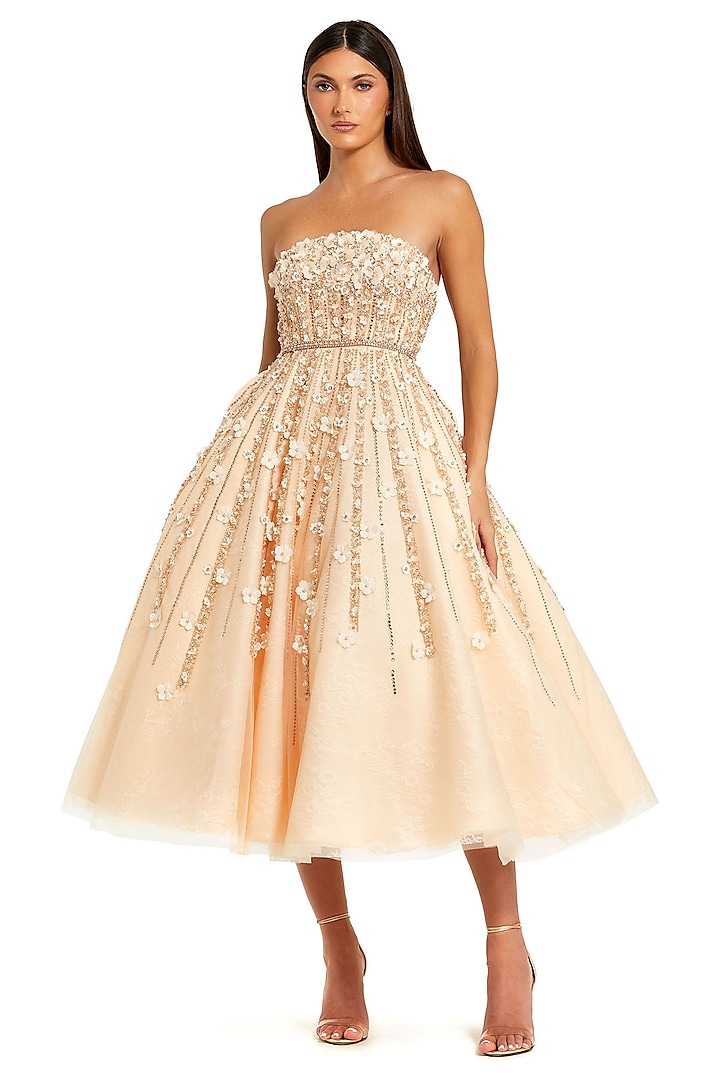 Champagne Lace Fabric Embellished A-Line Midi Strapless Party Wear Dress by Mac Duggal at Pernia's Pop Up Shop