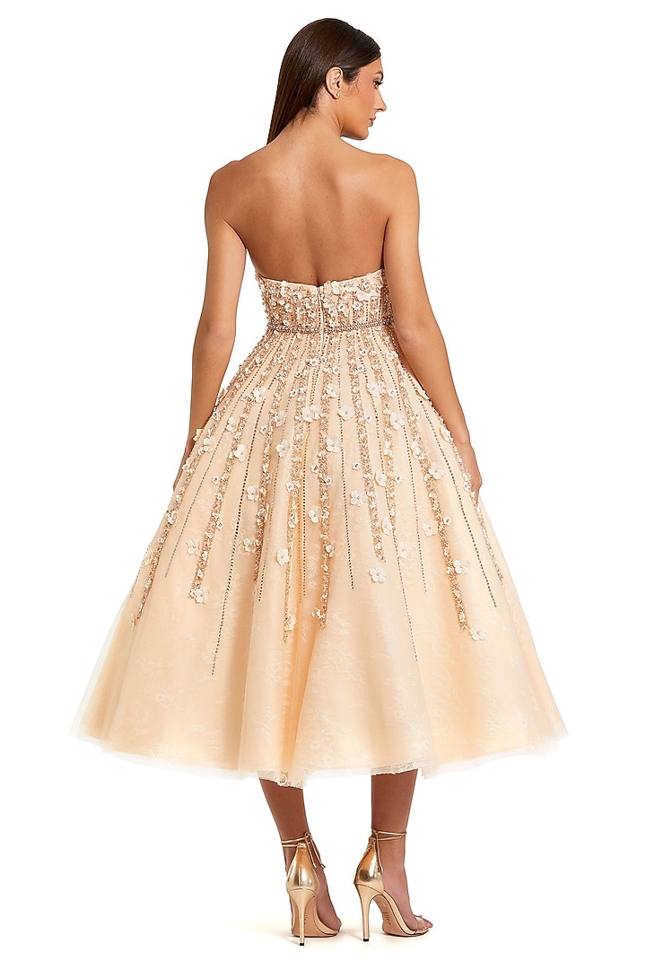 Champagne Lace Fabric Embellished A-Line Midi Strapless Party Wear Dress by Mac Duggal at Pernia's Pop Up Shop