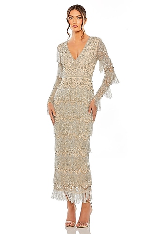 Nude & Silver Polyester Embellished Dress by Mac Duggal