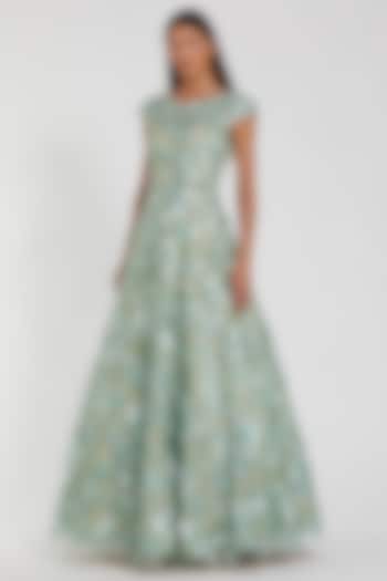 Sage Green Polyester Embroidered A-Line Ball Wedding Gown by Mac Duggal at Pernia's Pop Up Shop