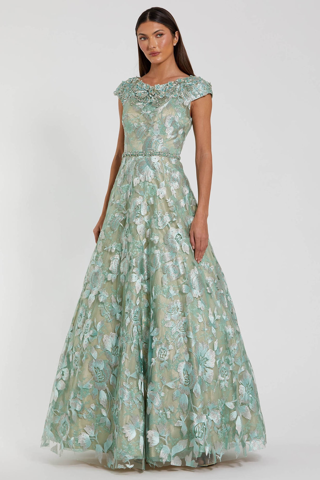 Sage Green Polyester Embroidered A-Line Ball Wedding Gown by Mac Duggal at Pernia's Pop Up Shop 2026 Sage Green Polyester Embroidered A-Line Ball Wedding Gown by Mac Duggal at Pernia's Pop Up Shop 2026