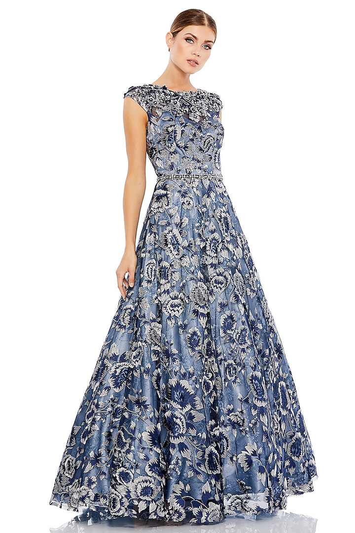 Blue Polyester Embroidered A-Line Ball Wedding Gown by Mac Duggal at Pernia's Pop Up Shop