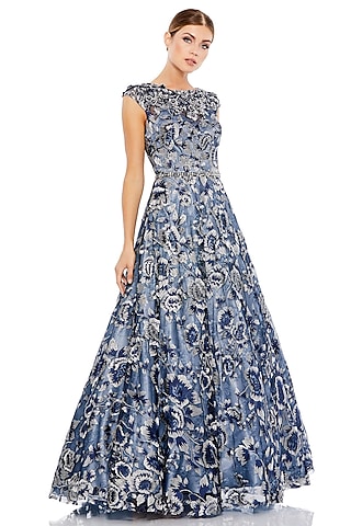 Blue Polyester Embroidered A-Line Ball Gown by Mac Duggal