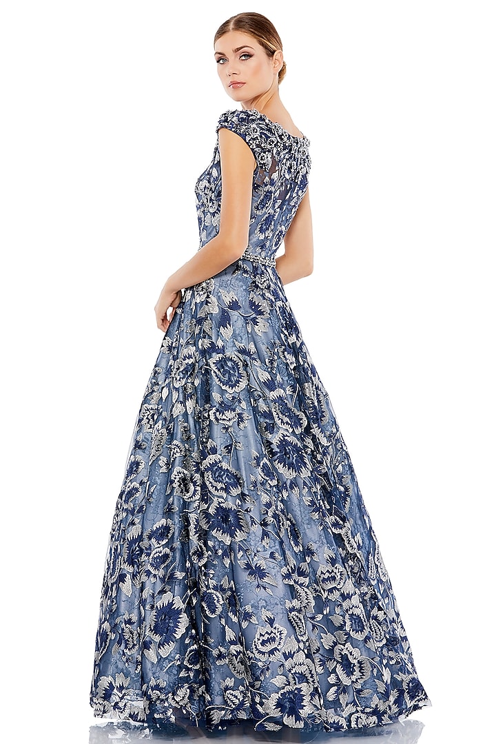 Blue Polyester Embroidered A-Line Ball Wedding Gown by Mac Duggal at Pernia's Pop Up Shop