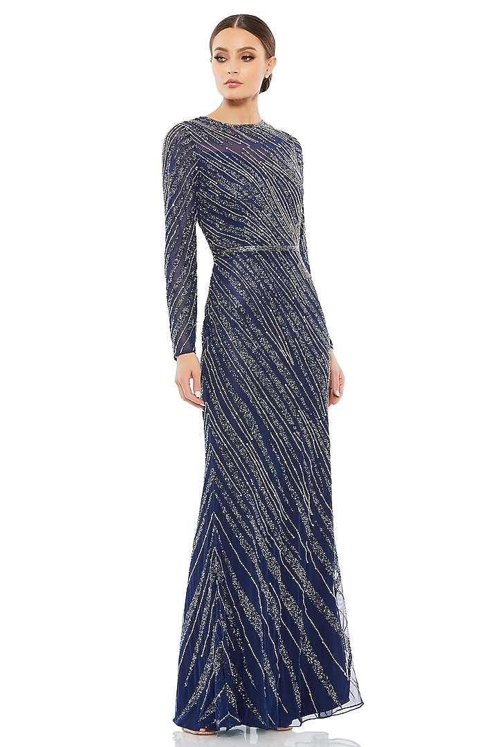 Midnight Blue Sheer & Net Embellished Gown by Mac Duggal at Pernia's Pop Up Shop