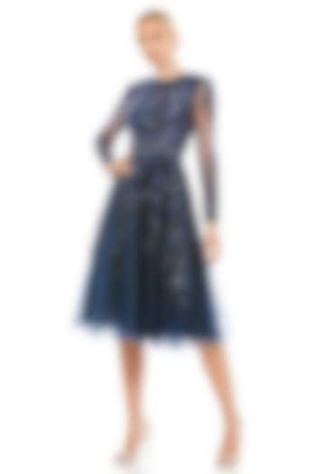 Midnight Blue Sheer Embellished Flared Midi Dress by Mac Duggal at Pernia's Pop Up Shop