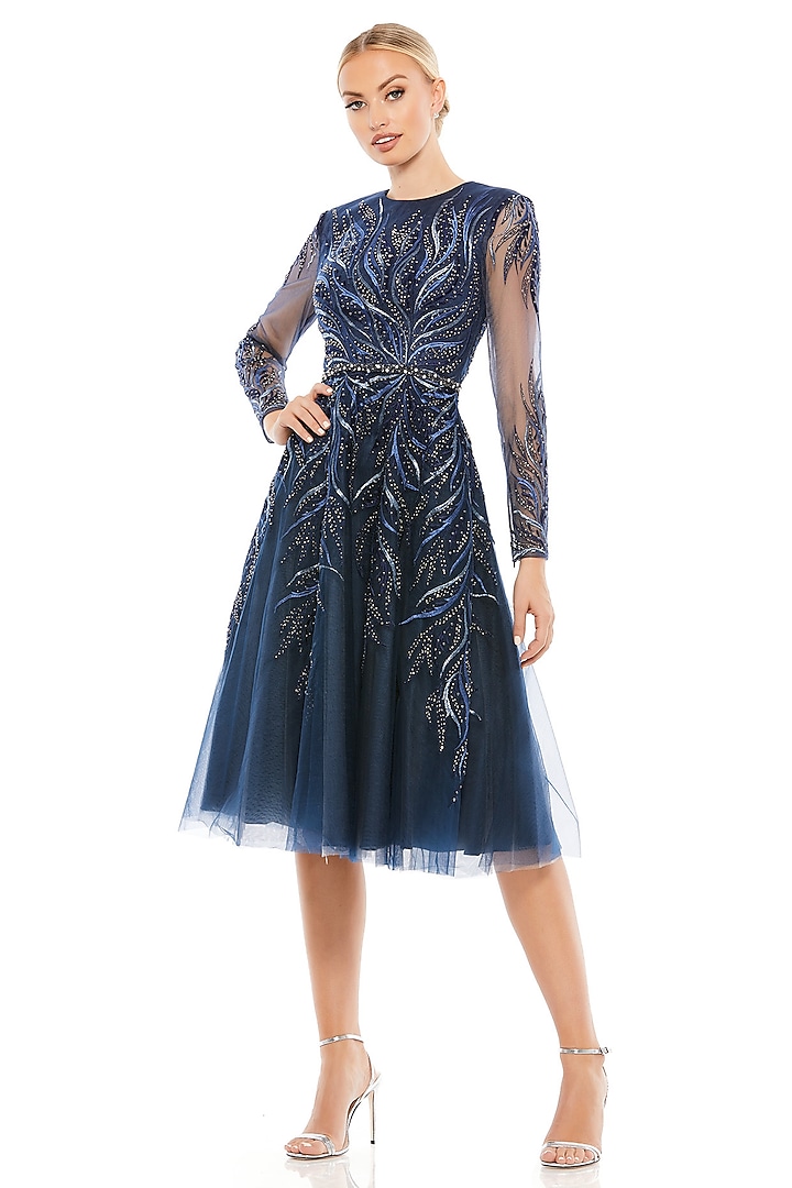 Midnight Blue Sheer Embellished Flared Midi Dress by Mac Duggal at Pernia's Pop Up Shop