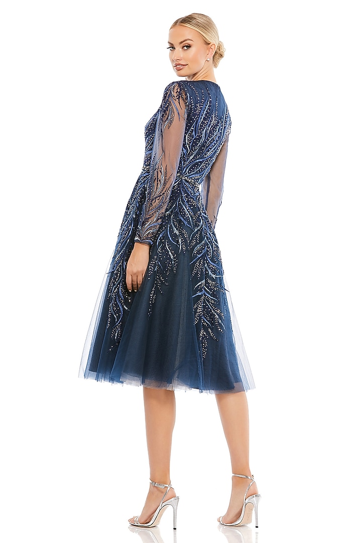 Midnight Blue Sheer Embellished Flared Midi Vacation Dress by Mac Duggal at Pernia's Pop Up Shop