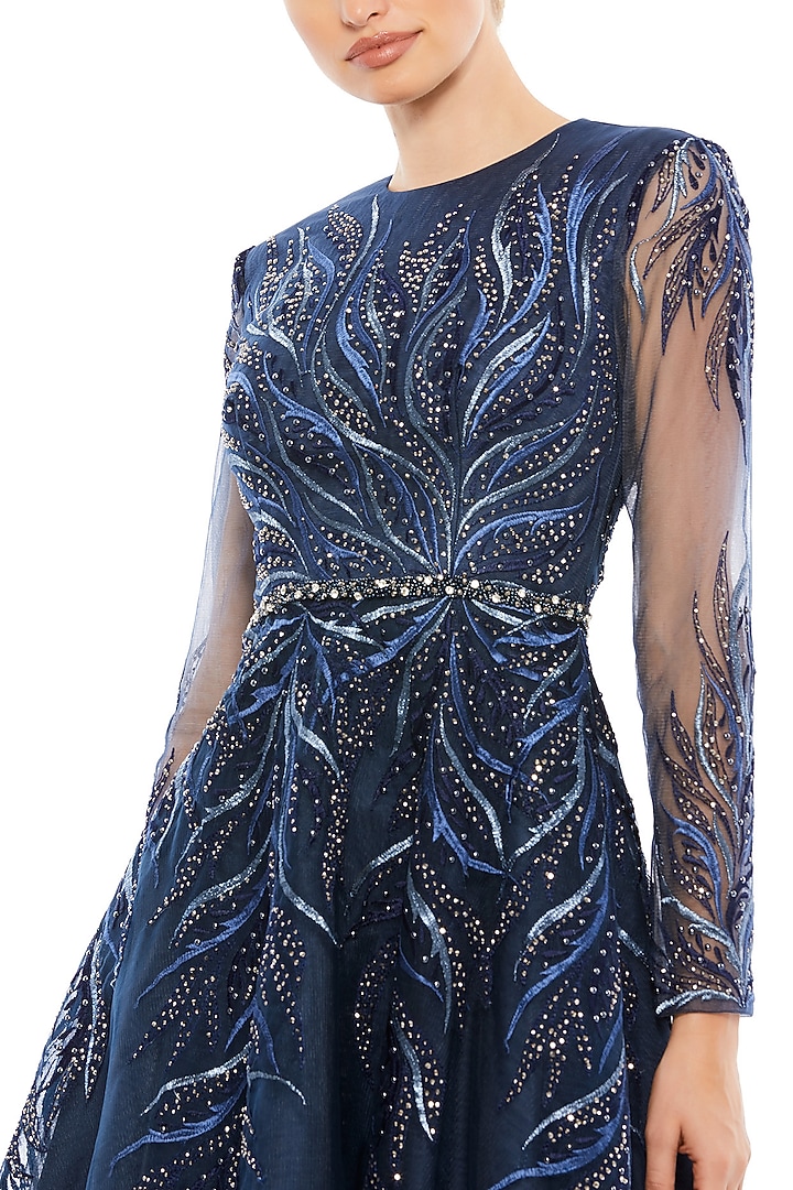 Midnight Blue Sheer Embellished Flared Midi Vacation Dress by Mac Duggal at Pernia's Pop Up Shop