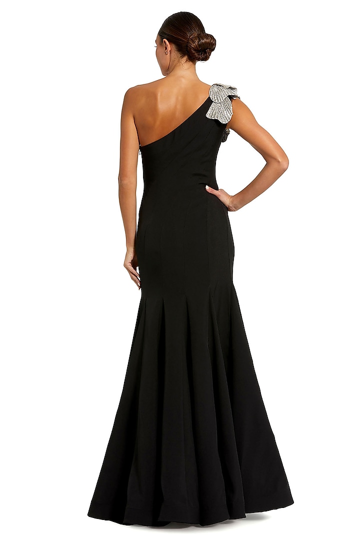 Black Crepe One-Shoulder Engagement Gown by Mac Duggal at Pernia's Pop Up Shop