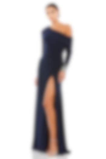 Midnight Blue Jersey Off-Shoulder Slit Gown by Mac Duggal at Pernia's Pop Up Shop