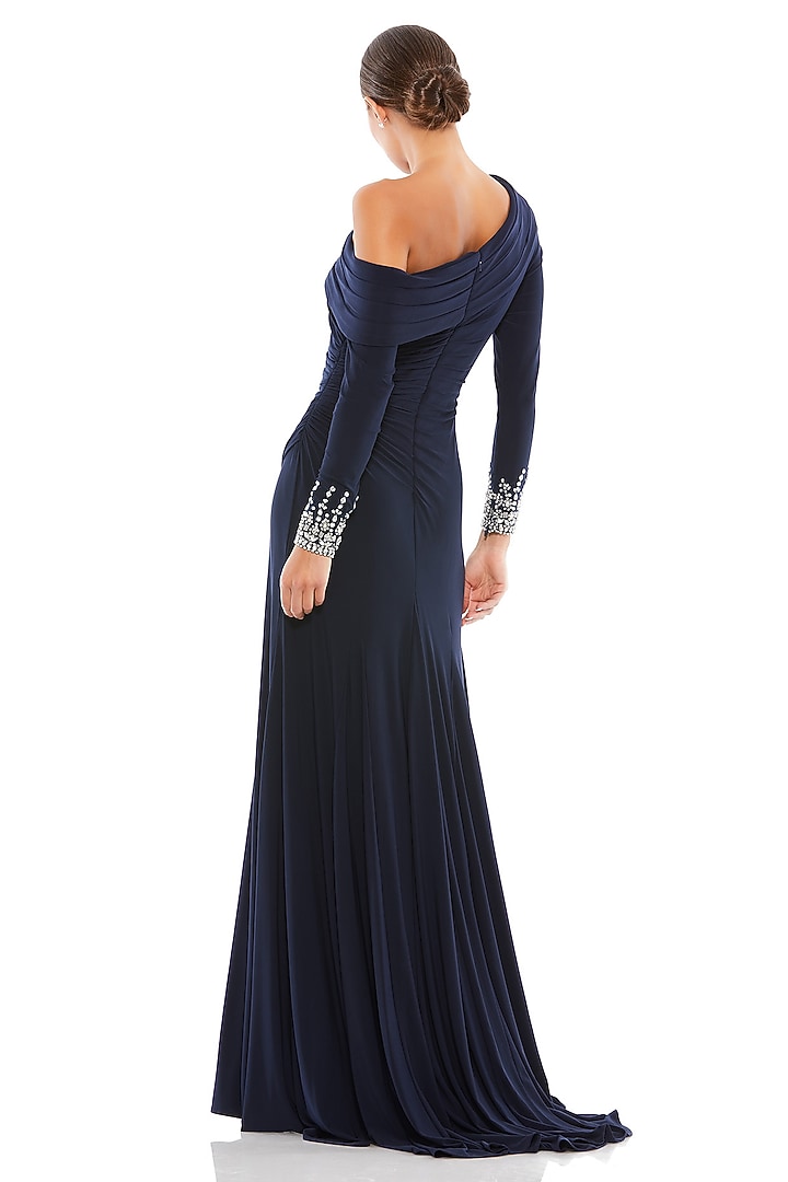 Midnight Blue Jersey Off-Shoulder Slit Engagement Gown by Mac Duggal at Pernia's Pop Up Shop