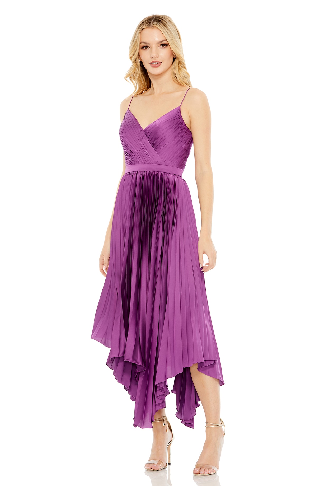 Amethyst Pleated Satin Flowy Midi Dress by Mac Duggal at Pernia's Pop Up  Shop 2026