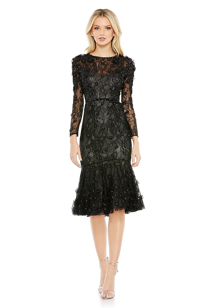 Black Lace Floral Applique Dress by Mac Duggal at Pernia's Pop Up Shop