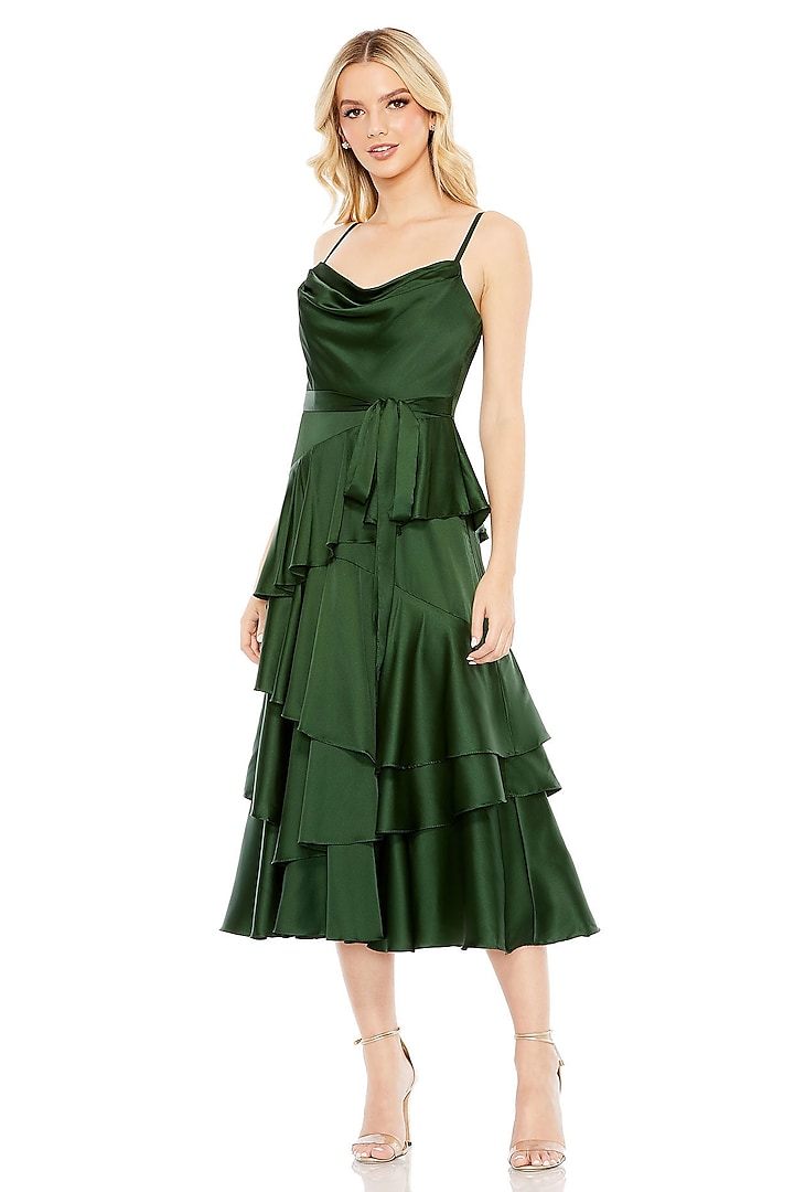 Forest Green Charmeuse Ruffled Tiered Midi Dress by Mac Duggal at Pernia's Pop Up Shop