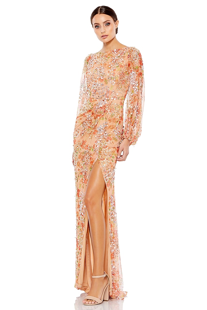 Apricot Polyester Floral Printed & Embellished Slit Gown by Mac Duggal at Pernia's Pop Up Shop