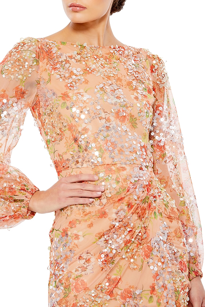 Apricot Polyester Floral Printed & Embellished Slit Engagement Gown by Mac Duggal at Pernia's Pop Up Shop