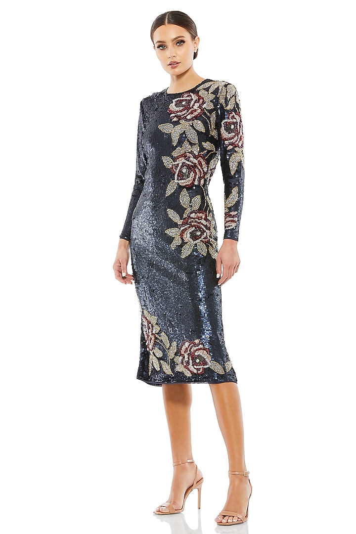 Midnight Polyester Floral Hand Embellished Midi Dress by Mac Duggal