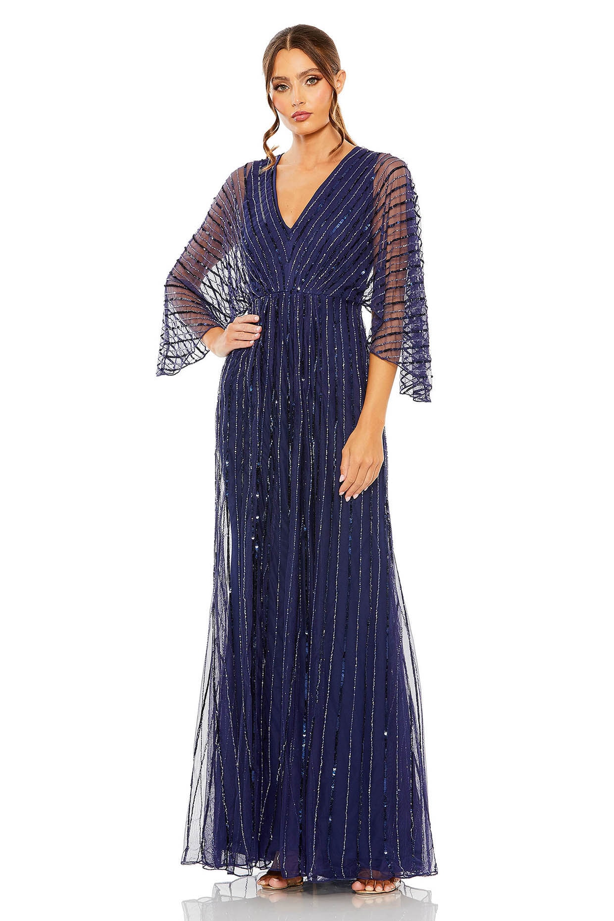 Navy Net Beaded Striped Gown by Mac Duggal at Pernia s Pop Up Shop