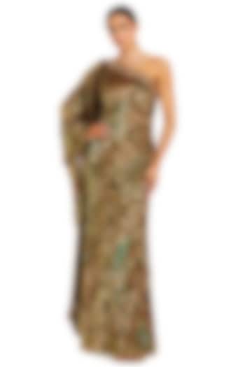 Metallic Golden Velvet One-Shoulder Engagement Gown by Mac Duggal at Pernia's Pop Up Shop