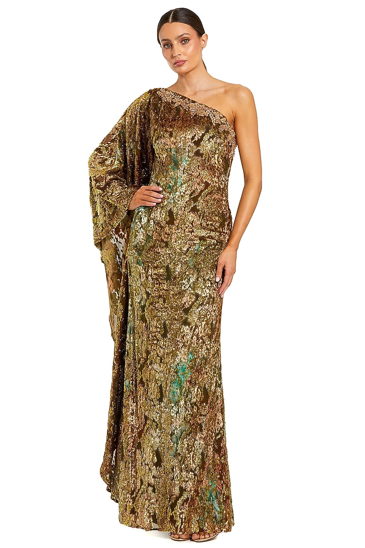 Metallic Golden Velvet One-Shoulder Engagement Gown by Mac Duggal at Pernia's Pop Up Shop