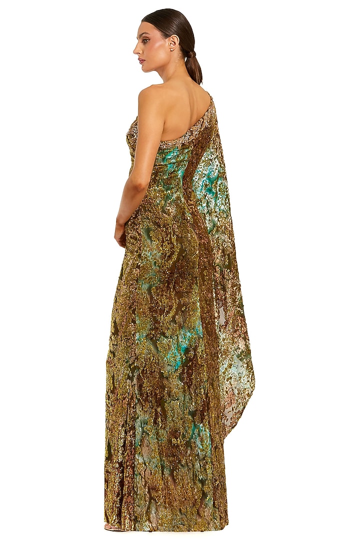 Metallic Golden Velvet One-Shoulder Engagement Gown by Mac Duggal at Pernia's Pop Up Shop
