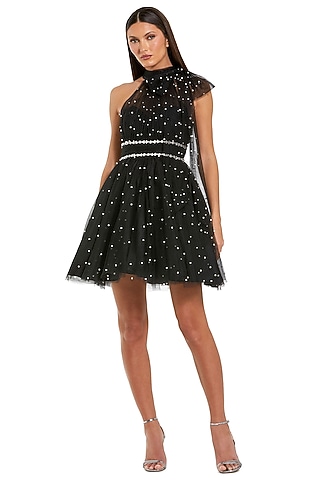 Black Tulle Pearl Embellished A-Line Mini Dress by Mac Duggal