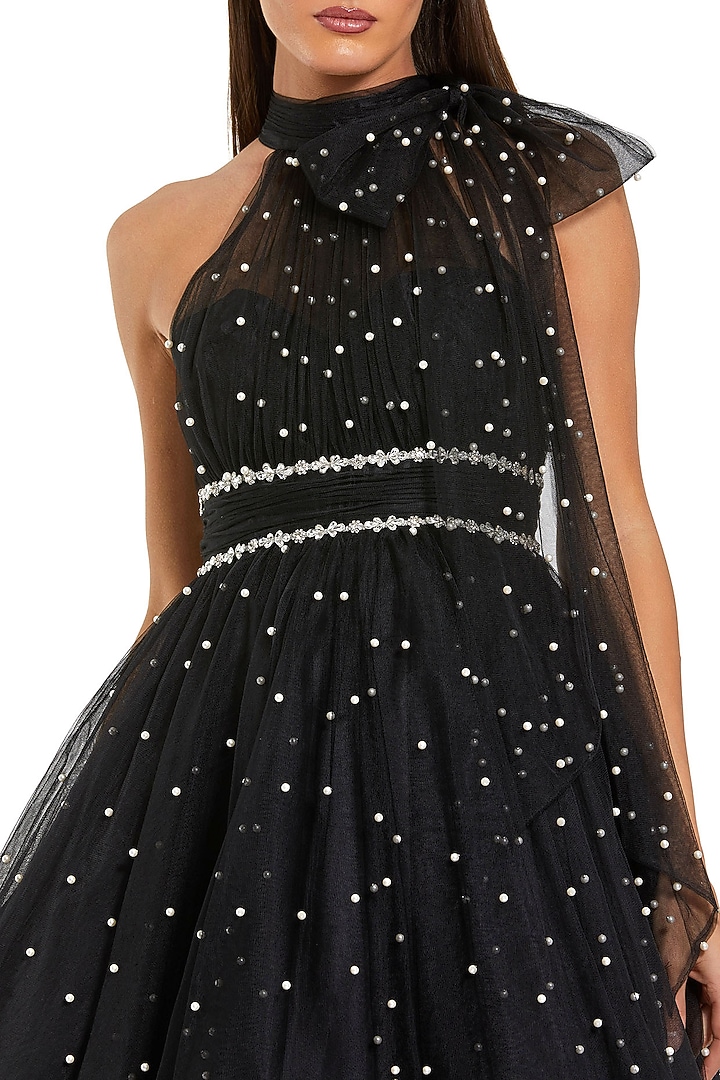 Black Tulle Pearl Embellished A-Line Mini Cocktail Dress by Mac Duggal at Pernia's Pop Up Shop
