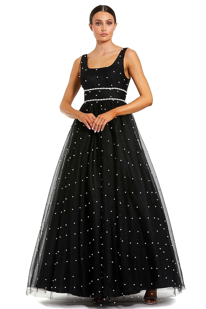 Black Tulle Pearl Embellished Layered Ball Engagement Gown by Mac Duggal at Pernia's Pop Up Shop