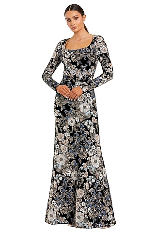 Black Velvet Floral Embroidered Gown by Mac Duggal