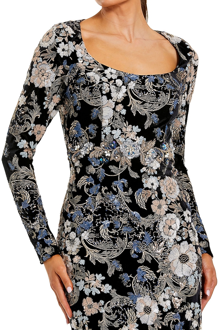 Black Velvet Floral Embroidered Engagement Gown by Mac Duggal at Pernia's Pop Up Shop