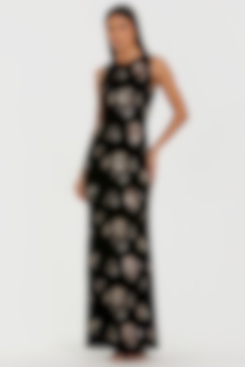 Black Velvet Metallic Floral Embroidered Column Engagement Gown by Mac Duggal at Pernia's Pop Up Shop