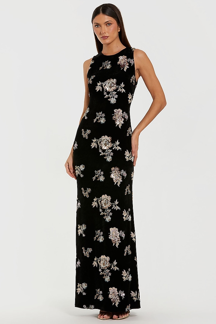 Black Velvet Metallic Floral Embroidered Column Engagement Gown by Mac Duggal at Pernia's Pop Up Shop